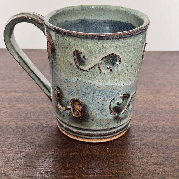 Studio Art Pottery Mug Green Brown Raised Abstract Swirl Striped Handle Signed - Picture 4 of 14